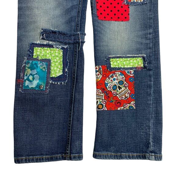 Cat Jack Stretch Jeans Day of the Dead Boho Sugar Skull Patch Red Black Girls 14 - Picture 4 of 12